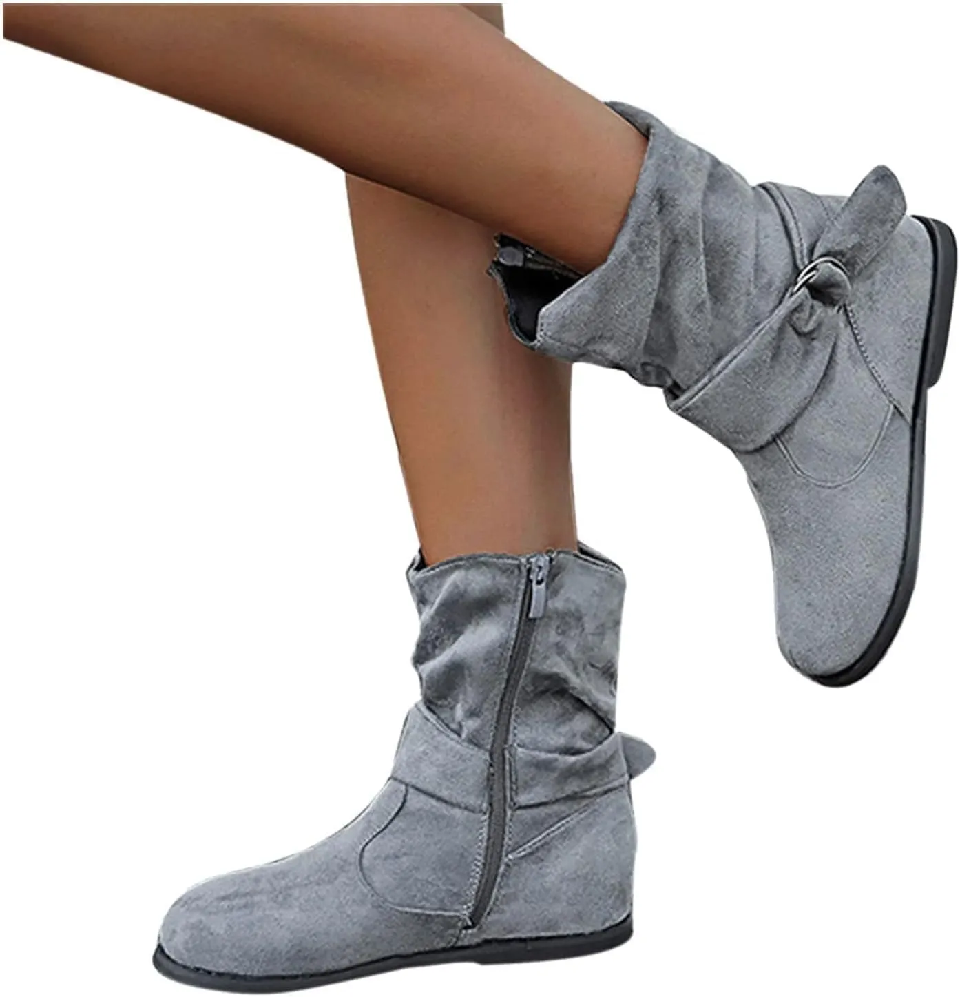 Brand Women's Casual Ankle Boots - Flat Fringe Mid Calf Low Heel Fashion Slouchy Suede Round Toe Slip On Zipper Booties for Winter Fall Dress Short Boots Comfort Outdoor Snow Boots