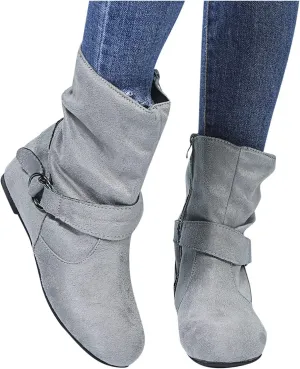 Brand Women's Casual Ankle Boots - Flat Fringe Mid Calf Low Heel Fashion Slouchy Suede Round Toe Slip On Zipper Booties for Winter Fall Dress Short Boots Comfort Outdoor Snow Boots