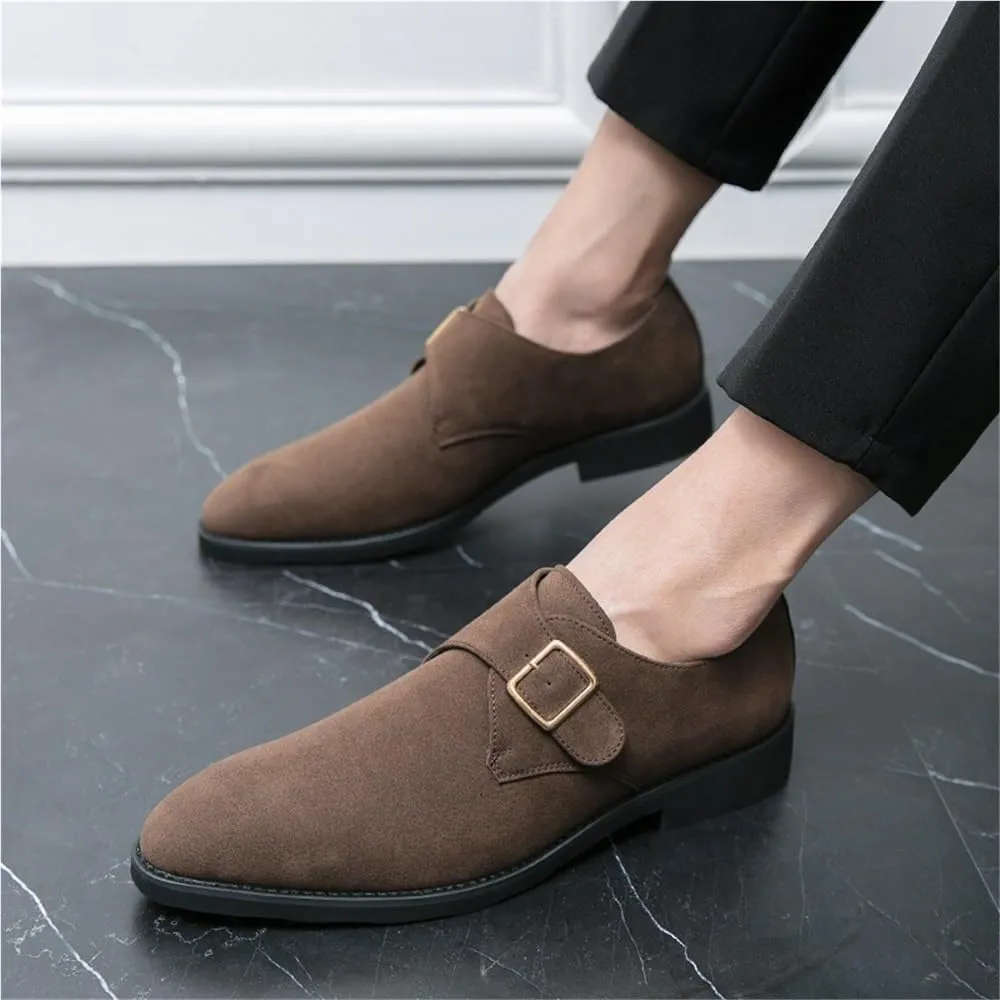 British Style Suede Leather Monk Shoes Metal Hasp Slip On Pointed Toe Moccasins Fashion Wear Resistant Loafers