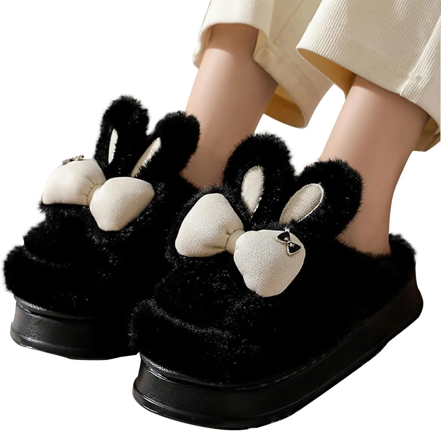 Bunny Animal Slippers for Women and Men Cute Bow Fuzzy Fluffy Comfy Funny Furry Rabbit House Slipper for Indoor Outdoor
