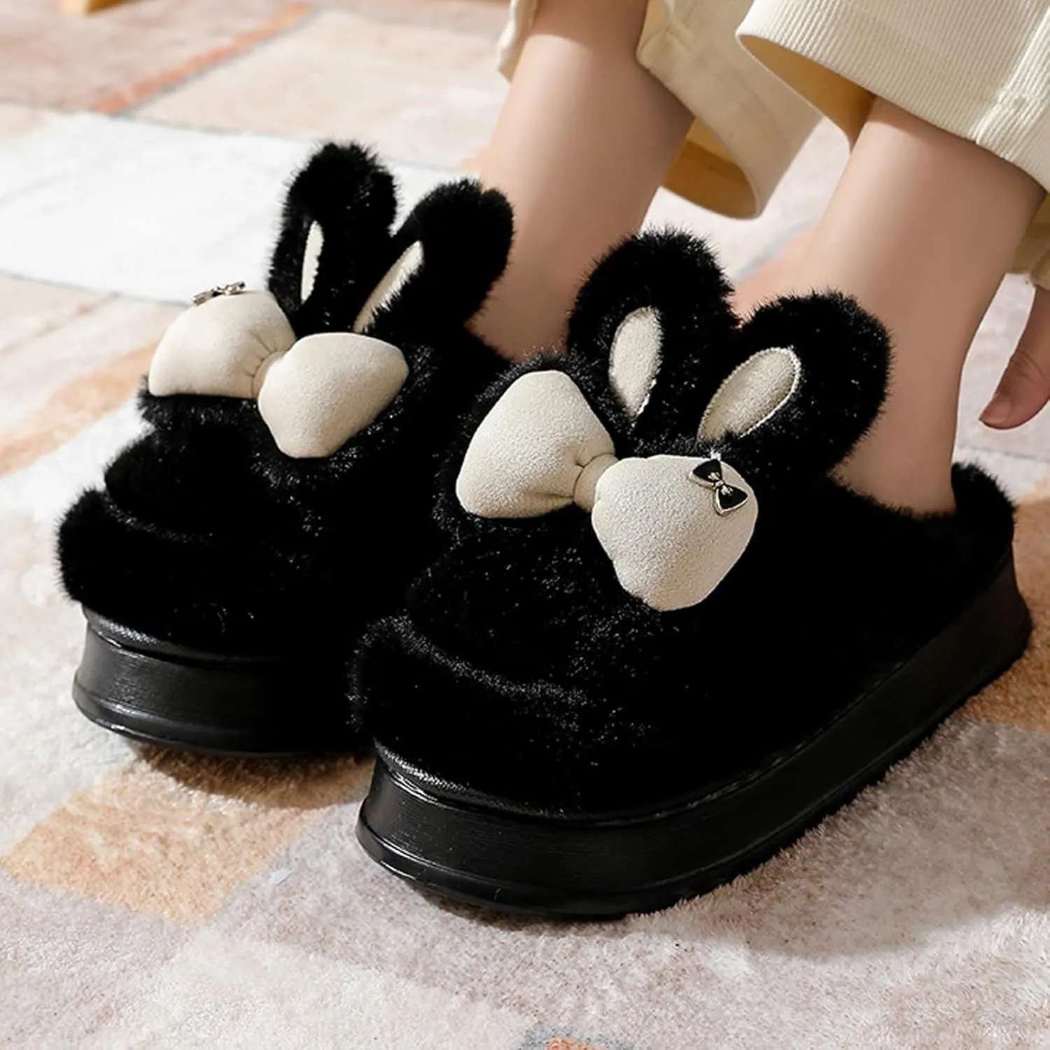 Bunny Animal Slippers for Women and Men Cute Bow Fuzzy Fluffy Comfy Funny Furry Rabbit House Slipper for Indoor Outdoor