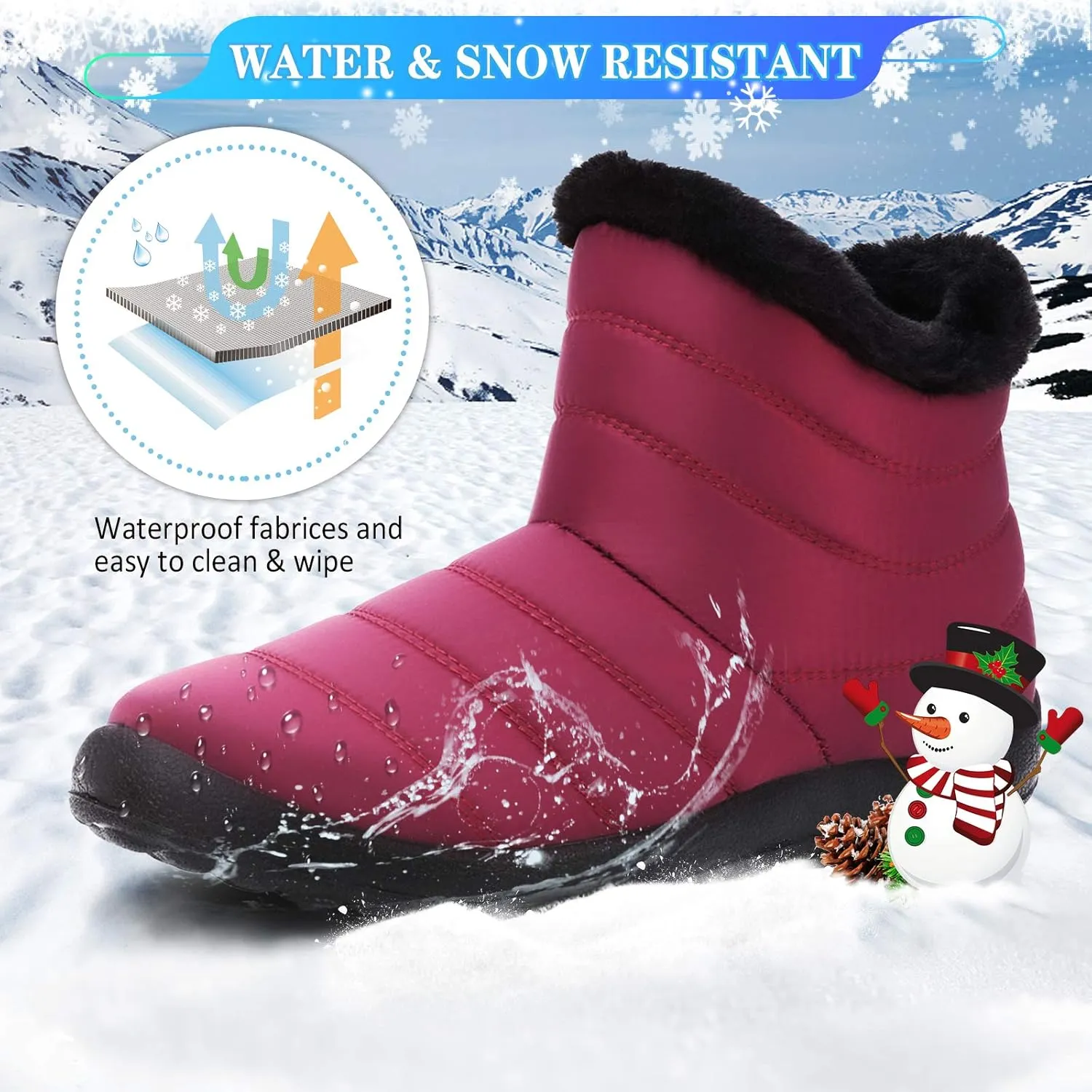 Camfosy Womens Ankle Snow Boots Warm Fur Lining Winter Boots Water Resistant Anti-Slip Short Boots Comfort Outdoor Flats Shoes Casual Working Sneakers