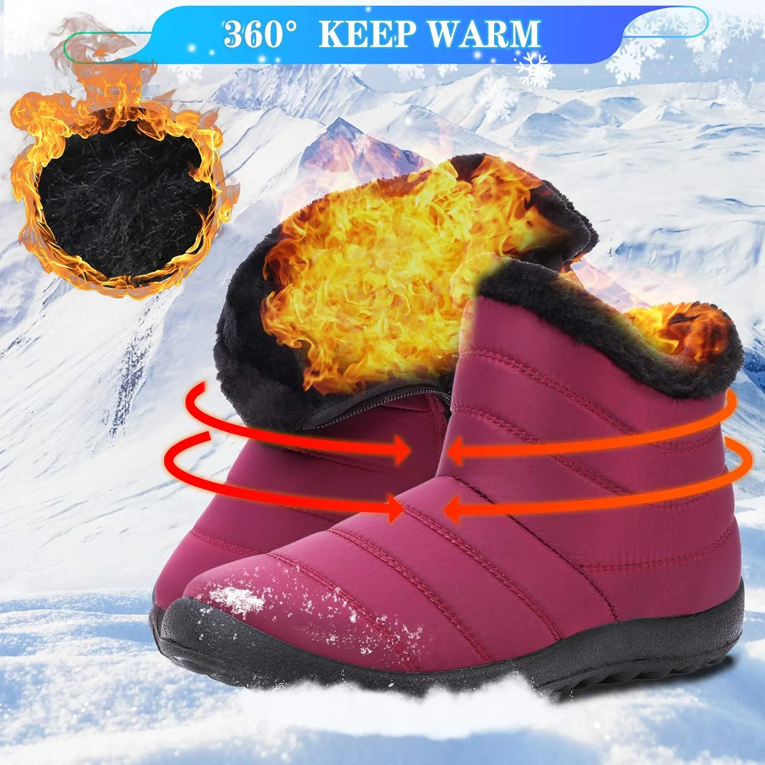 Camfosy Womens Ankle Snow Boots Warm Fur Lining Winter Boots Water Resistant Anti-Slip Short Boots Comfort Outdoor Flats Shoes Casual Working Sneakers