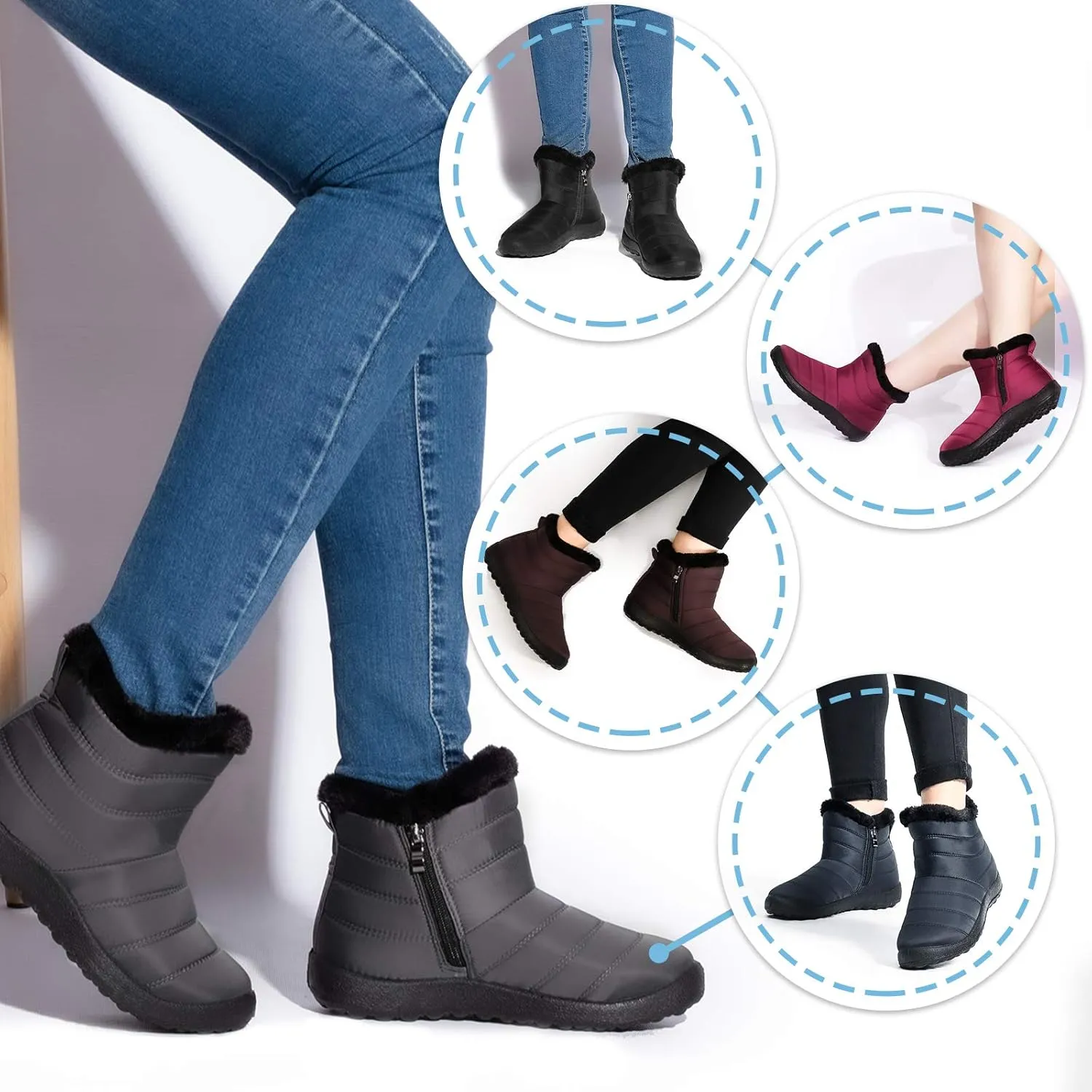 Camfosy Womens Ankle Snow Boots Warm Fur Lining Winter Boots Water Resistant Anti-Slip Short Boots Comfort Outdoor Flats Shoes Casual Working Sneakers