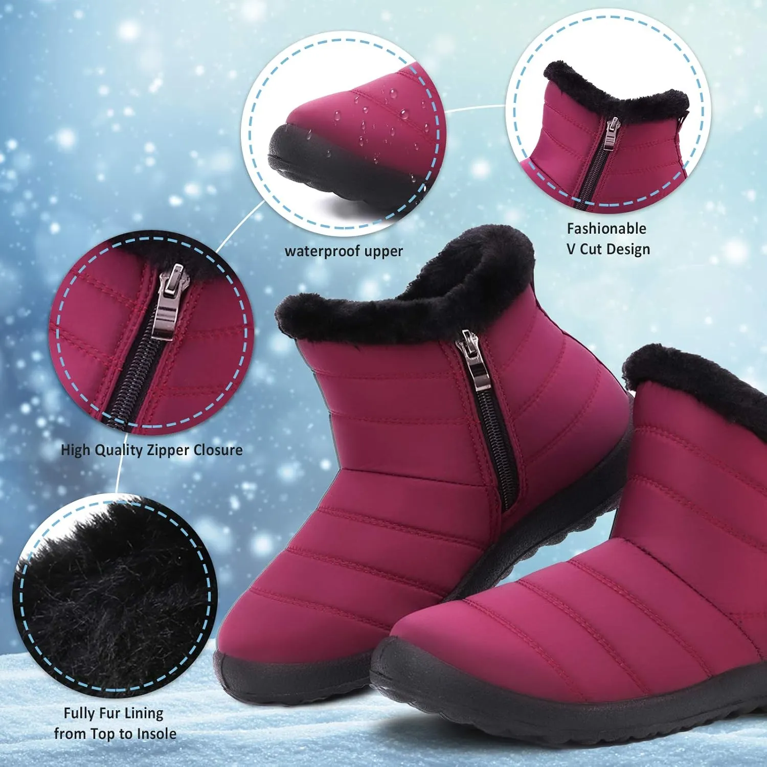 Camfosy Womens Ankle Snow Boots Warm Fur Lining Winter Boots Water Resistant Anti-Slip Short Boots Comfort Outdoor Flats Shoes Casual Working Sneakers