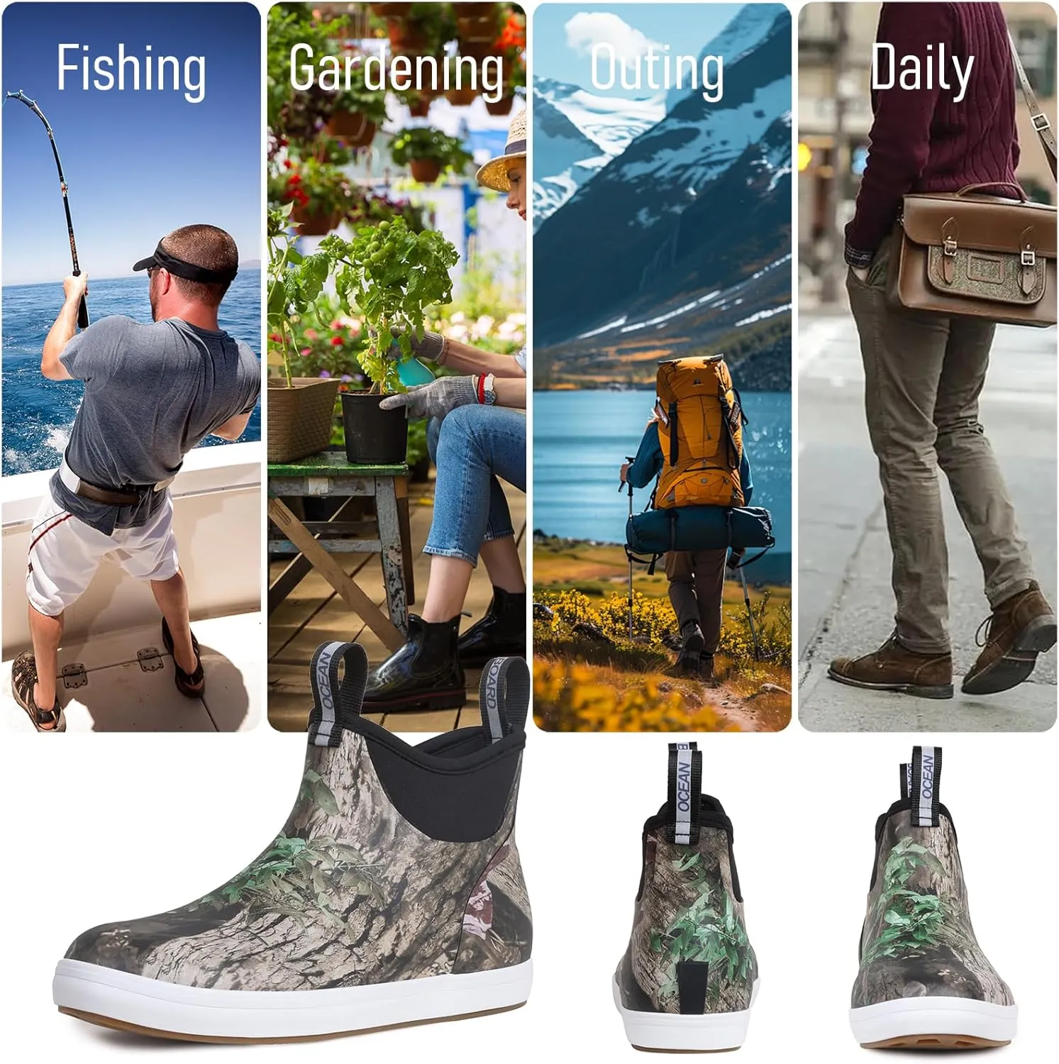 Camo Deck Boots for Men Waterproof Anti-Slip Rubber Ankle Rain Boots for Fishing Gardening Outing