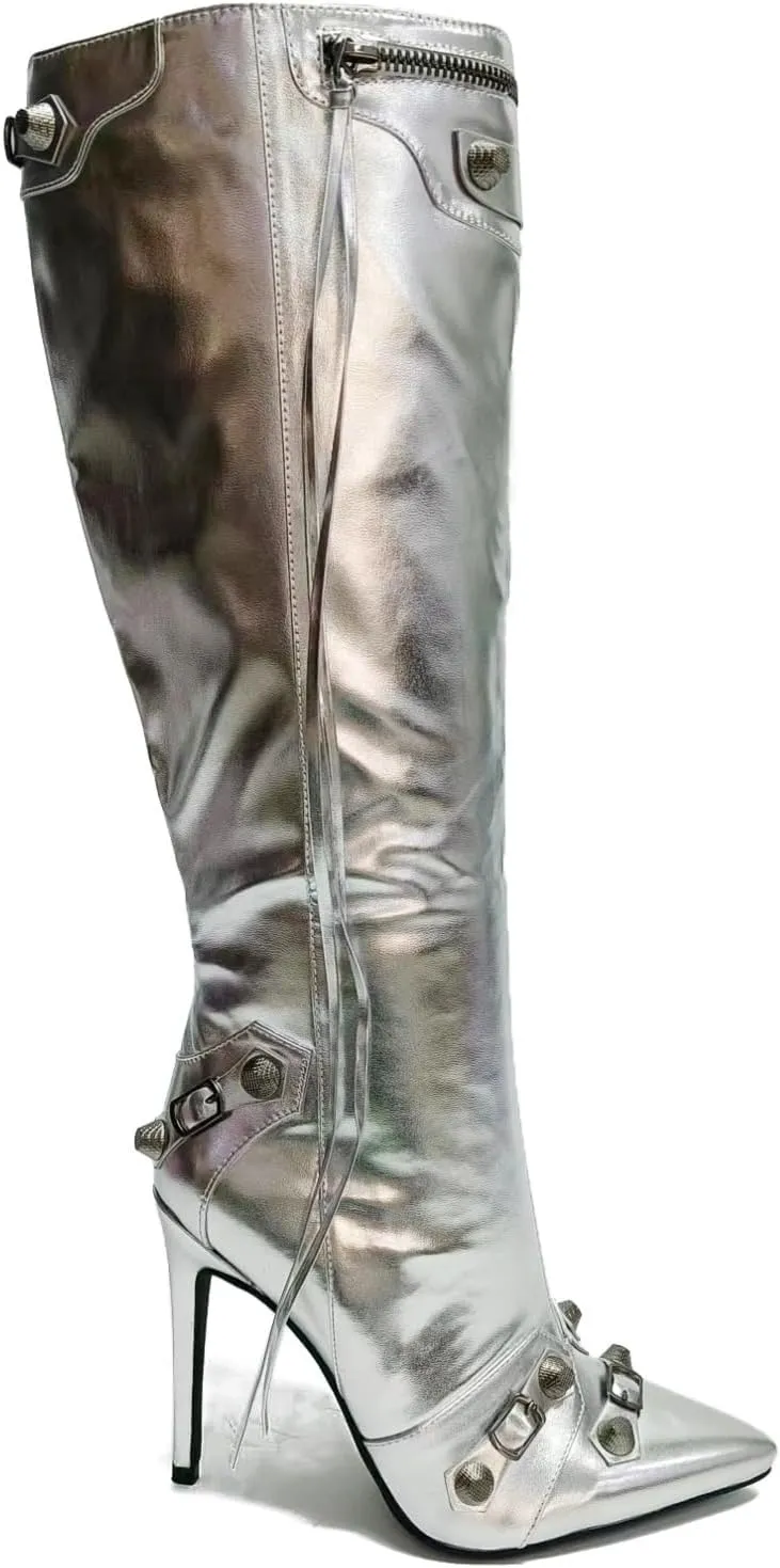 Cape Robbin Womem Knee High Boots Pointed Toe Stiletto Heels Side Zipper Rivets Tassels Boots