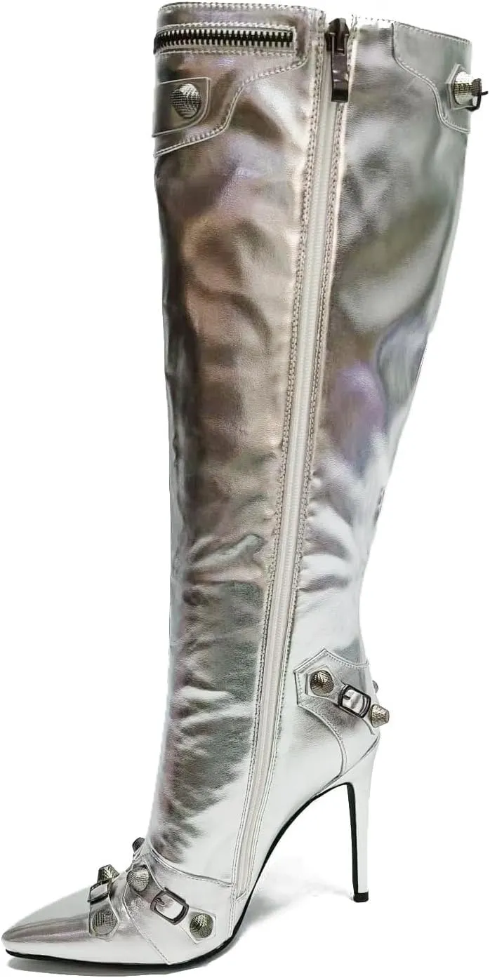 Cape Robbin Womem Knee High Boots Pointed Toe Stiletto Heels Side Zipper Rivets Tassels Boots