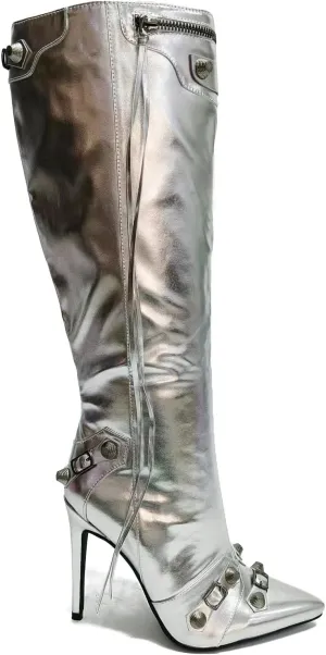 Cape Robbin Womem Knee High Boots Pointed Toe Stiletto Heels Side Zipper Rivets Tassels Boots