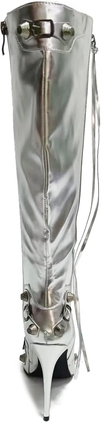 Cape Robbin Womem Knee High Boots Pointed Toe Stiletto Heels Side Zipper Rivets Tassels Boots
