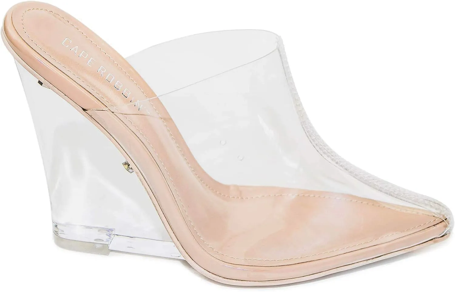 Cape Robbin Women's Sugar Transparent Lucite Clear Wedge Heel PVC Closed Toe Slip On Mules