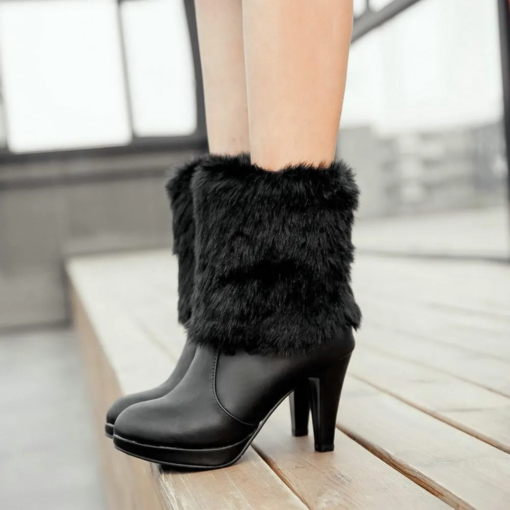 Caradise Womens Faux Fur Lined Winter Ankle Boots Platform Chunky High Heel Booties