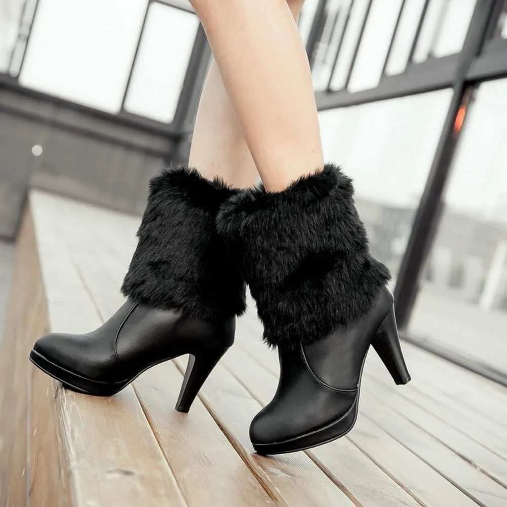 Caradise Womens Faux Fur Lined Winter Ankle Boots Platform Chunky High Heel Booties