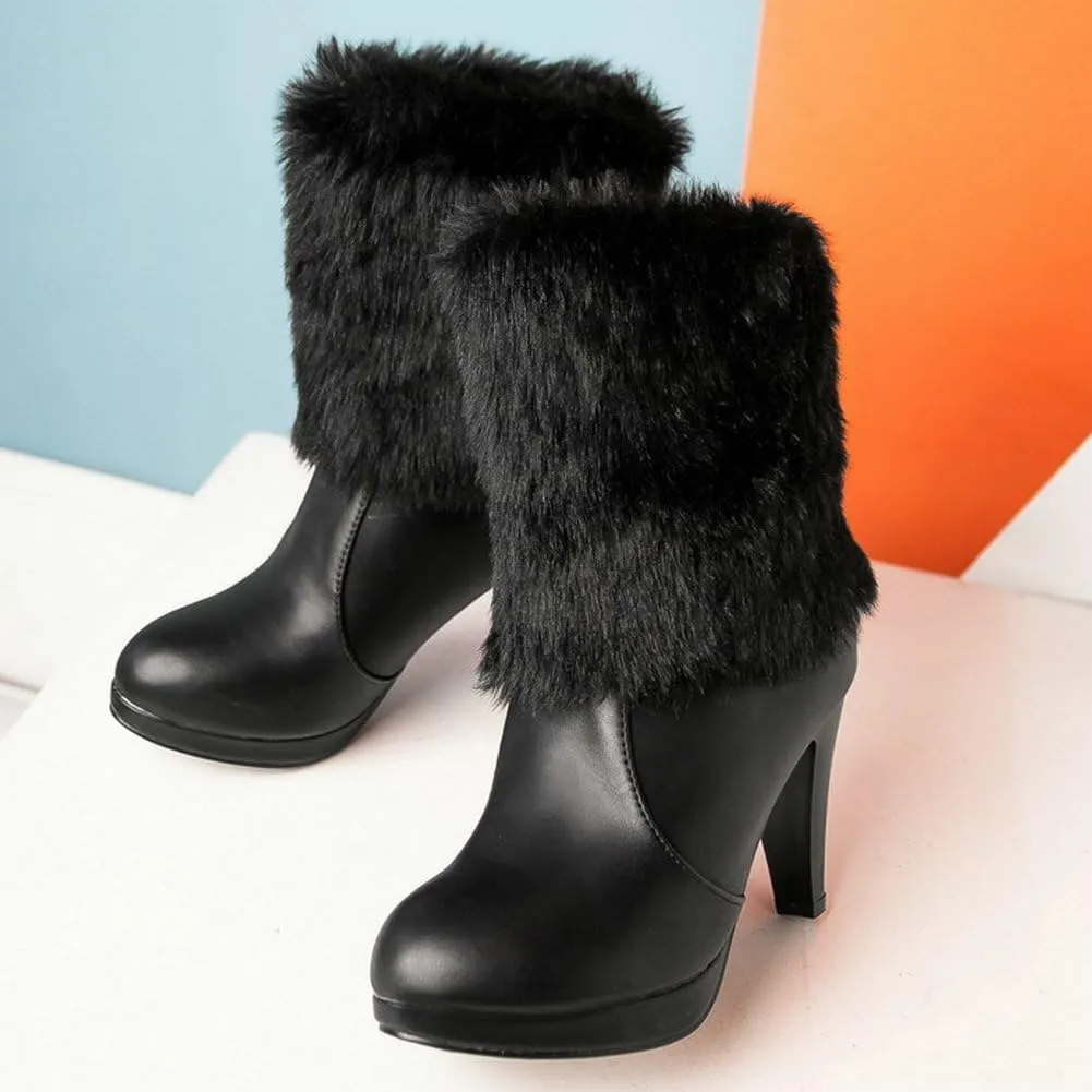 Caradise Womens Faux Fur Lined Winter Ankle Boots Platform Chunky High Heel Booties