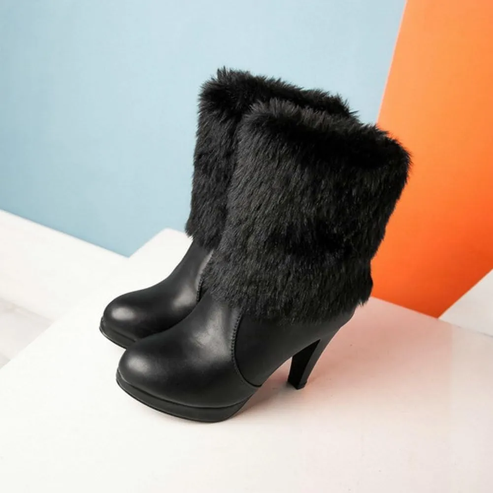 Caradise Womens Faux Fur Lined Winter Ankle Boots Platform Chunky High Heel Booties