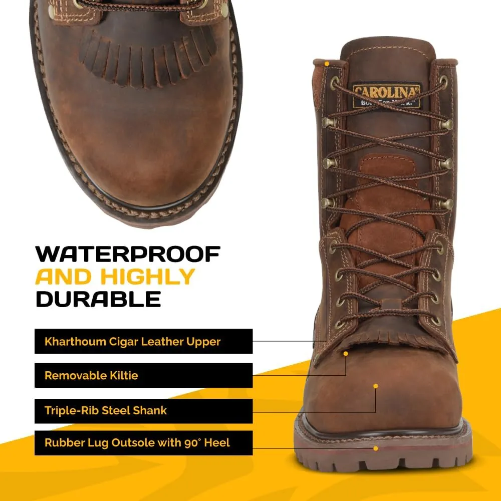 Carolina 28 Series 8'' Soft Toe Waterproof Work Boots for Men - Cigar Leather Upper, AG7 Footbed, Removable Kiltie, EH-Rated