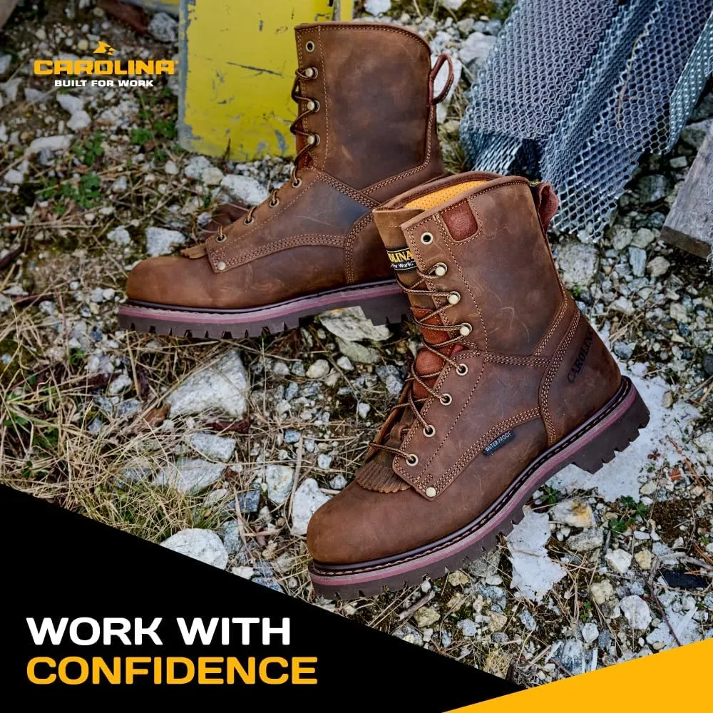 Carolina 28 Series 8'' Soft Toe Waterproof Work Boots for Men - Cigar Leather Upper, AG7 Footbed, Removable Kiltie, EH-Rated