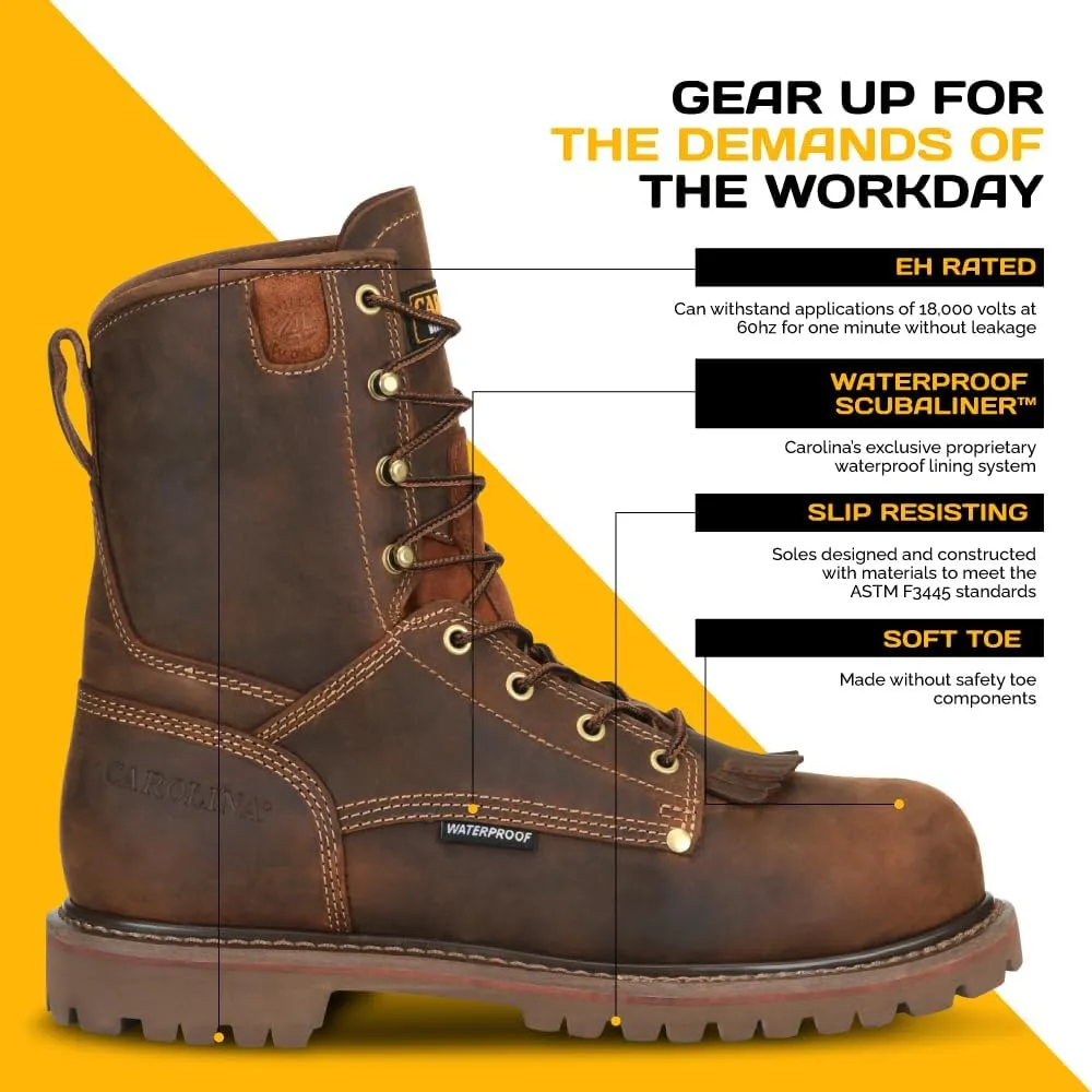 Carolina 28 Series 8'' Soft Toe Waterproof Work Boots for Men - Cigar Leather Upper, AG7 Footbed, Removable Kiltie, EH-Rated