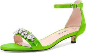 Castamere Womens Low Kitten Heel Open Toe Sandals Ankle Strap Rhinestone Crystal Wedding Dress Satin 1.2 Inches Heels