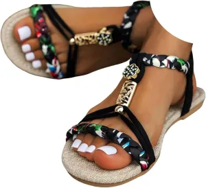 Casual Bohemian Beach Sandals Orthopedic Wedge Sandal for Women Ankle Strap Flip Flops Open Toe Jeweled Flat Sandals 2025