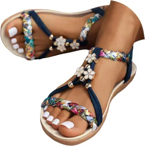Casual Bohemian Beach Sandals Orthopedic Wedge Sandal for Women Ankle Strap Flip Flops Open Toe Jeweled Flat Sandals 2025