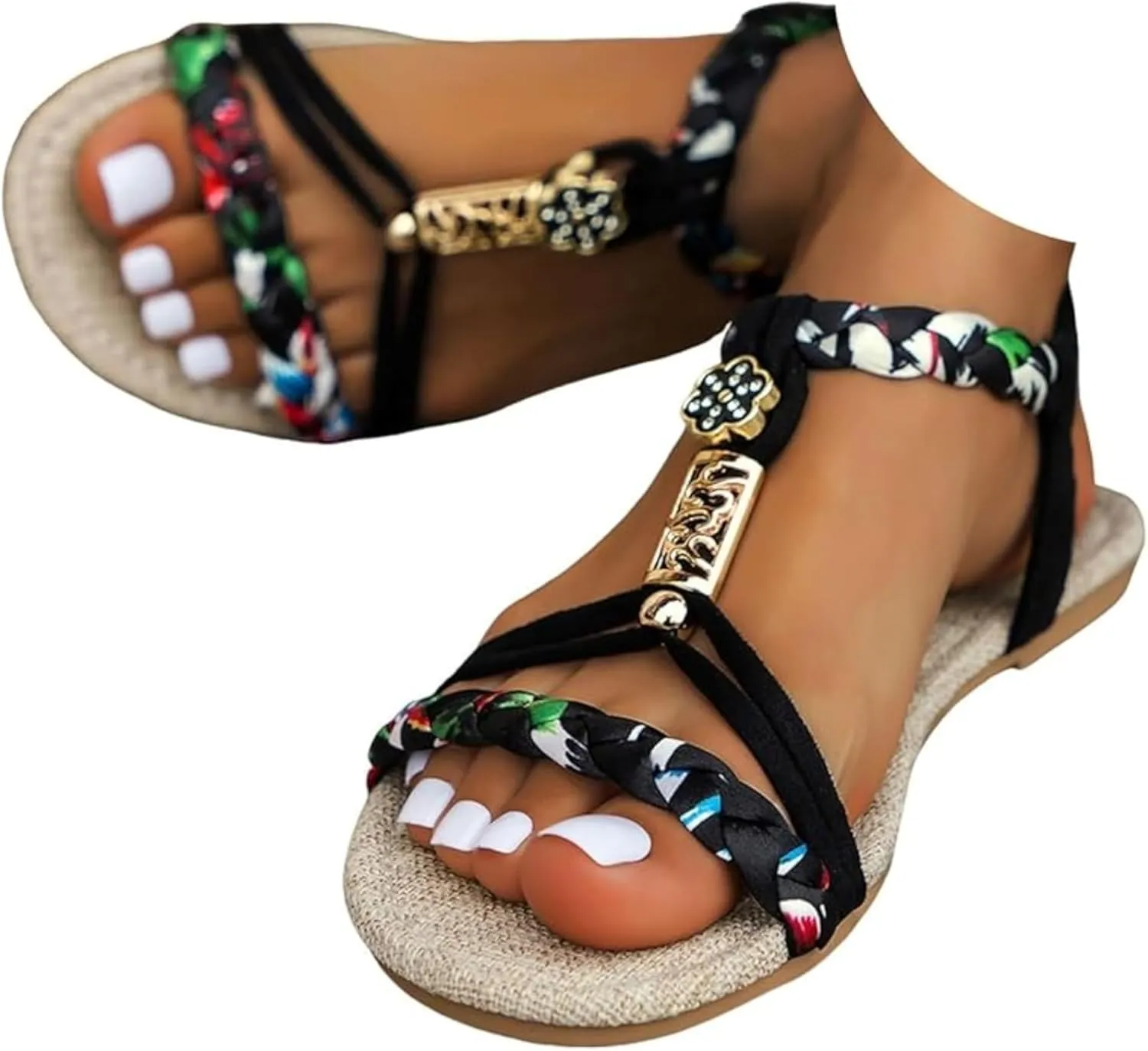 Casual Bohemian Beach Sandals Orthopedic Wedge Sandal for Women Ankle Strap Flip Flops Open Toe Jeweled Flat Sandals 2025