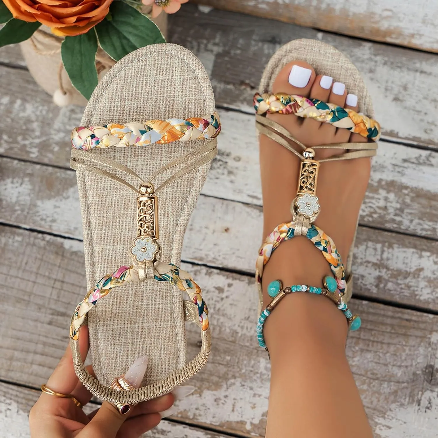 Casual Bohemian Beach Sandals Orthopedic Wedge Sandal for Women Ankle Strap Flip Flops Open Toe Jeweled Flat Sandals 2025