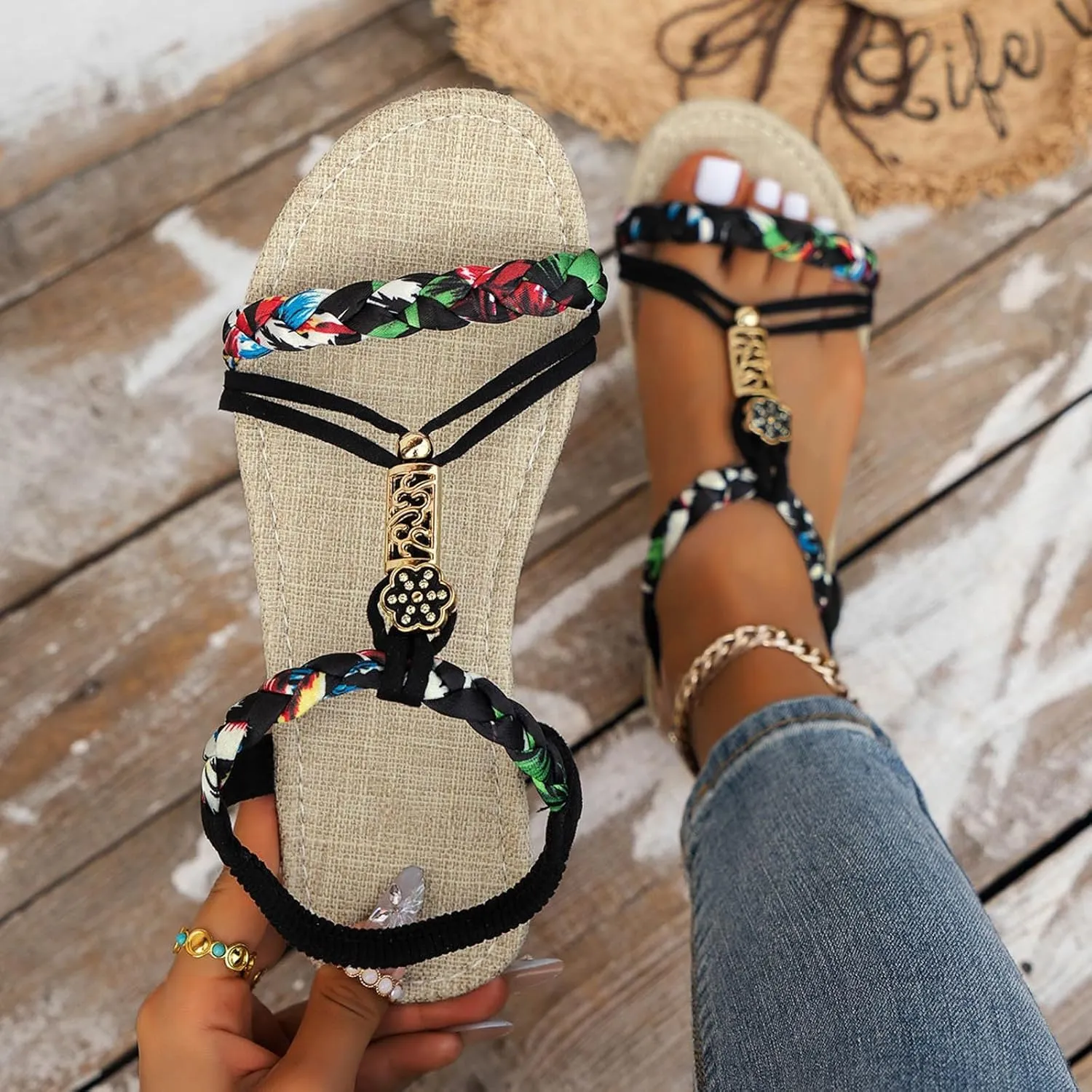 Casual Bohemian Beach Sandals Orthopedic Wedge Sandal for Women Ankle Strap Flip Flops Open Toe Jeweled Flat Sandals 2025