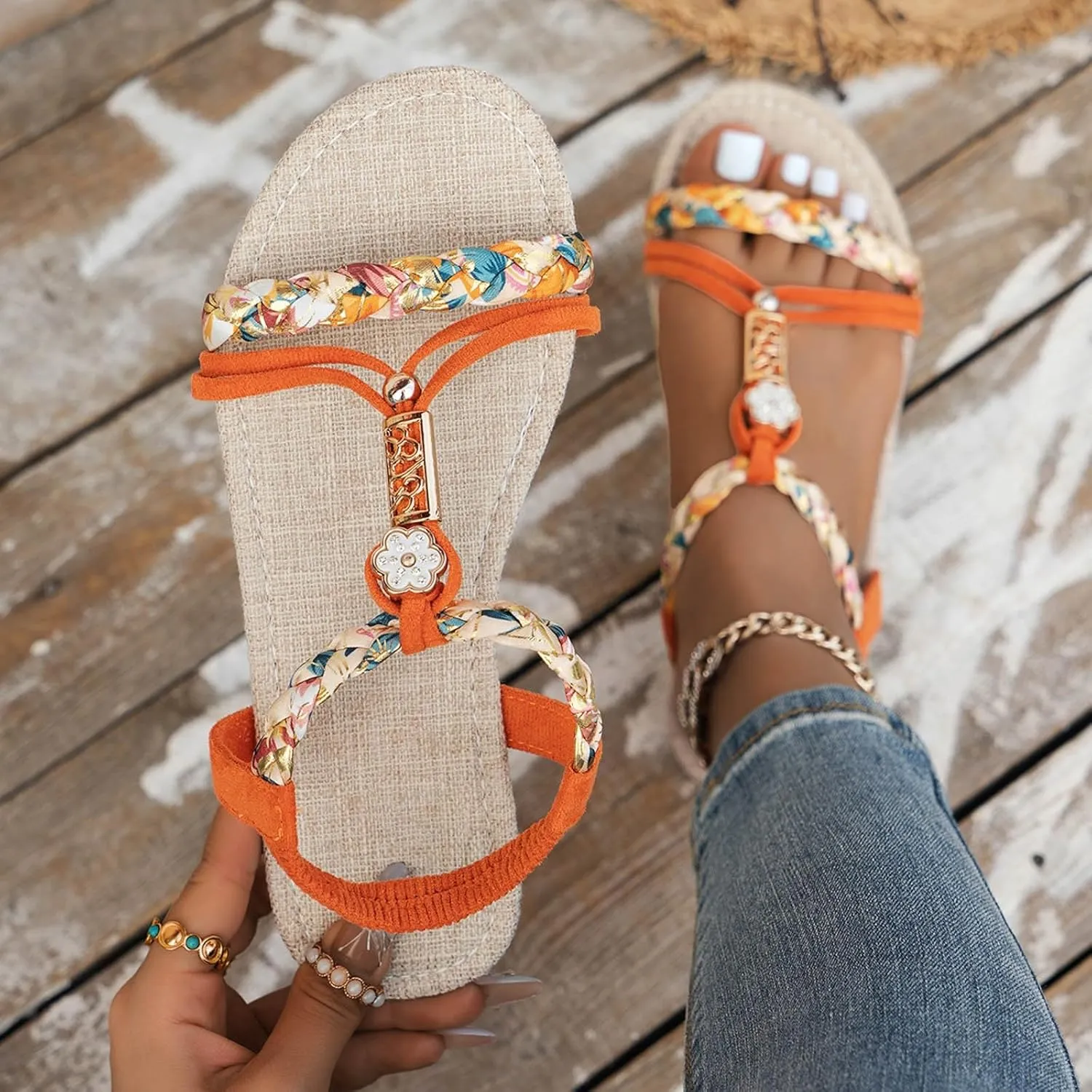 Casual Bohemian Beach Sandals Orthopedic Wedge Sandals for Women Ankle Strap Flip Flops Open Toe Jeweled Flat Sandals 2025