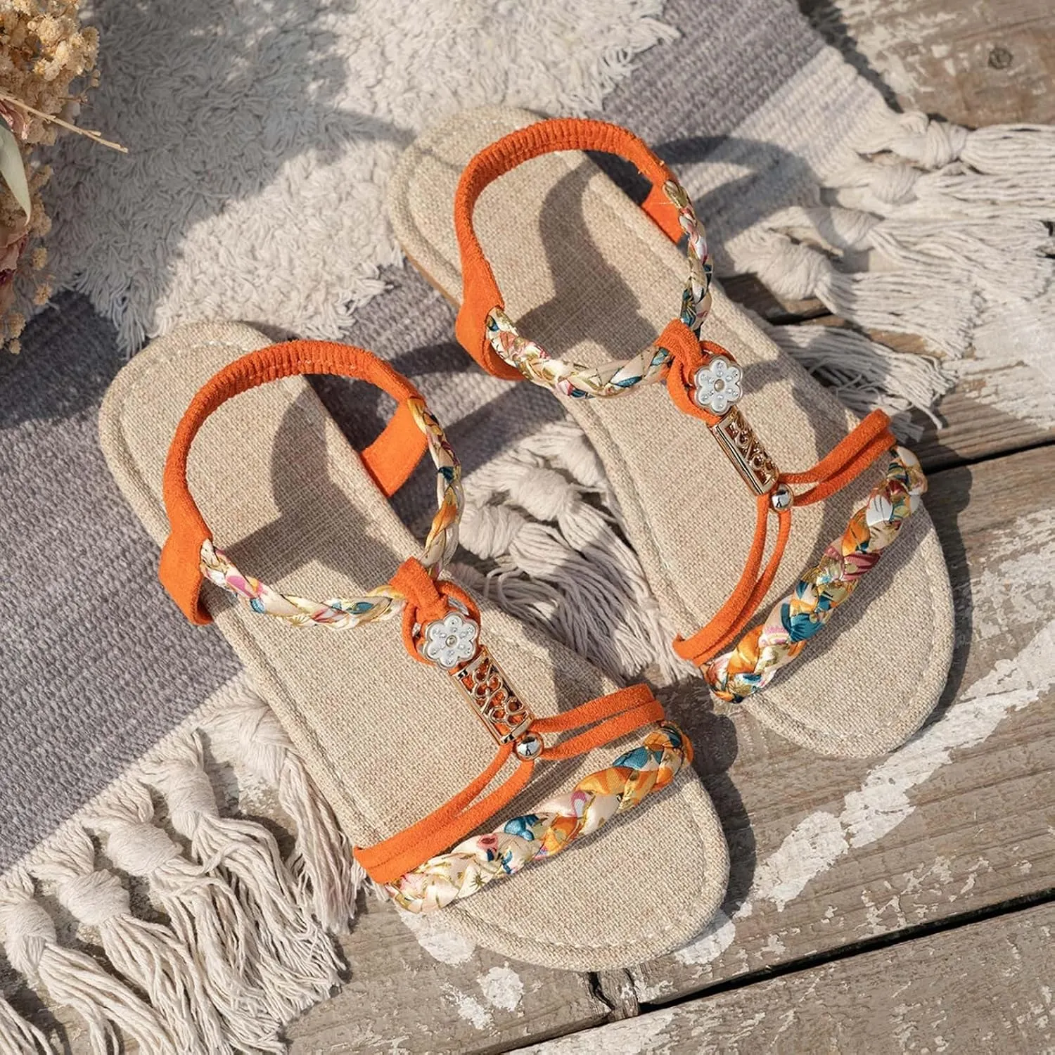 Casual Bohemian Beach Sandals Orthopedic Wedge Sandals for Women Ankle Strap Flip Flops Open Toe Jeweled Flat Sandals 2025