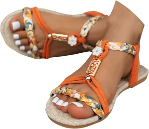Casual Bohemian Beach Sandals Orthopedic Wedge Sandals for Women Ankle Strap Flip Flops Open Toe Jeweled Flat Sandals 2025