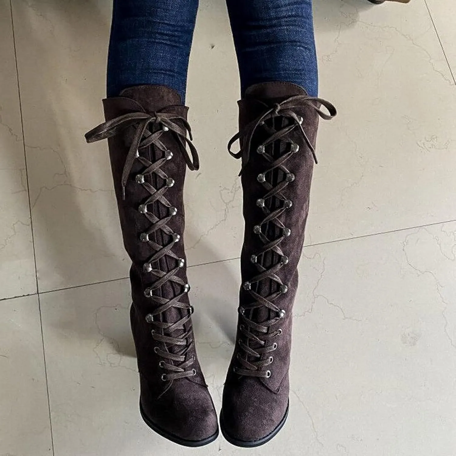 Cathalem Knee High Boots for Women Chunky Heel Boots Medieval Victorian Boots Lace Up Mid Calf Boots Goth Cosplay Costume