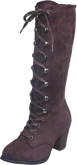 Cathalem Knee High Boots for Women Chunky Heel Boots Medieval Victorian Boots Lace Up Mid Calf Boots Goth Cosplay Costume