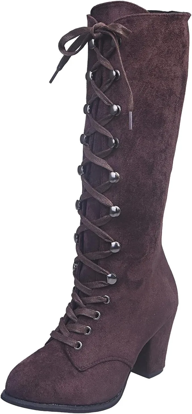 Cathalem Knee High Boots for Women Chunky Heel Boots Medieval Victorian Boots Lace Up Mid Calf Boots Goth Cosplay Costume