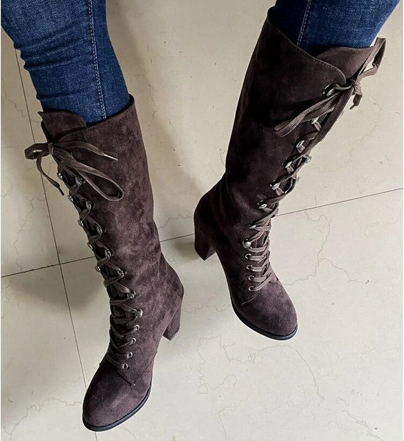 Cathalem Knee High Boots for Women Chunky Heel Boots Medieval Victorian Boots Lace Up Mid Calf Boots Goth Cosplay Costume