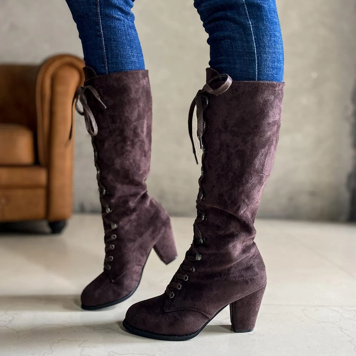 Cathalem Knee High Boots for Women Chunky Heel Boots Medieval Victorian Boots Lace Up Mid Calf Boots Goth Cosplay Costume