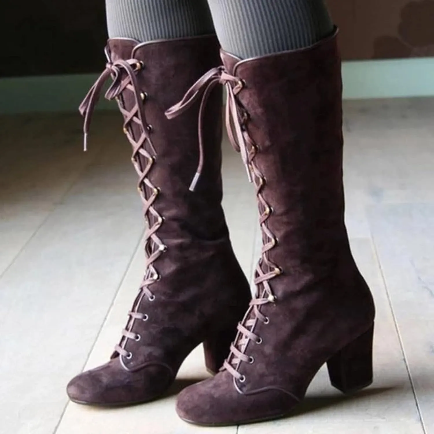 Cathalem Knee High Boots for Women Chunky Heel Boots Medieval Victorian Boots Lace Up Mid Calf Boots Goth Cosplay Costume