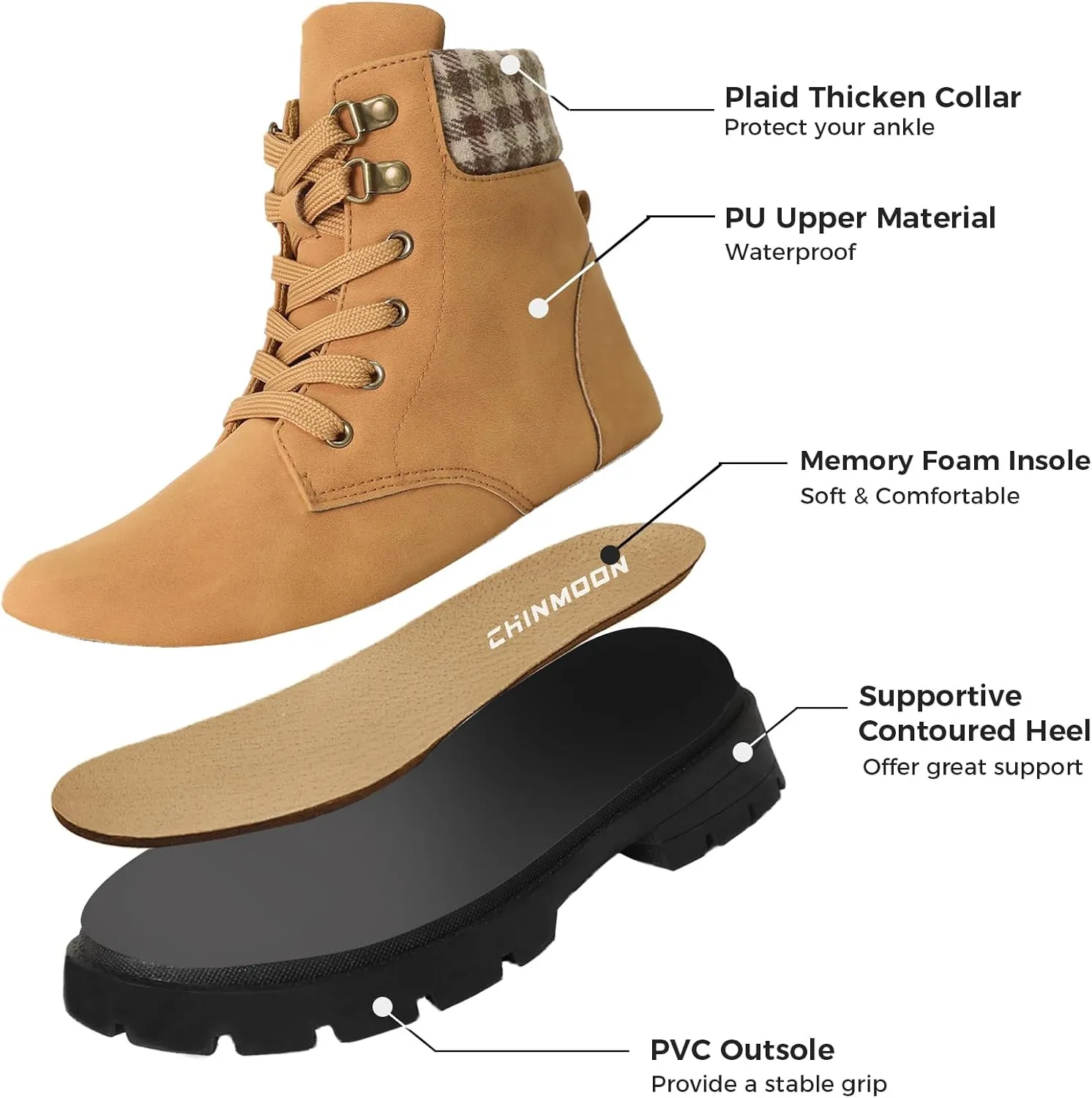 CHIN·MOON Women's Waterproof Backpacking Boots Non Slip Ankle Hiking Casual Shoes