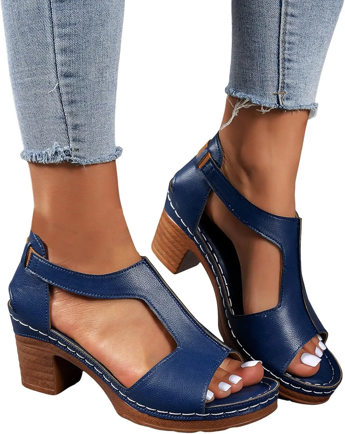 Chunky Heel Fish Mouth Women's Shoes Fashionable And Casual Hollow Solid Color Adjustable Shiny Flip Flops for Women