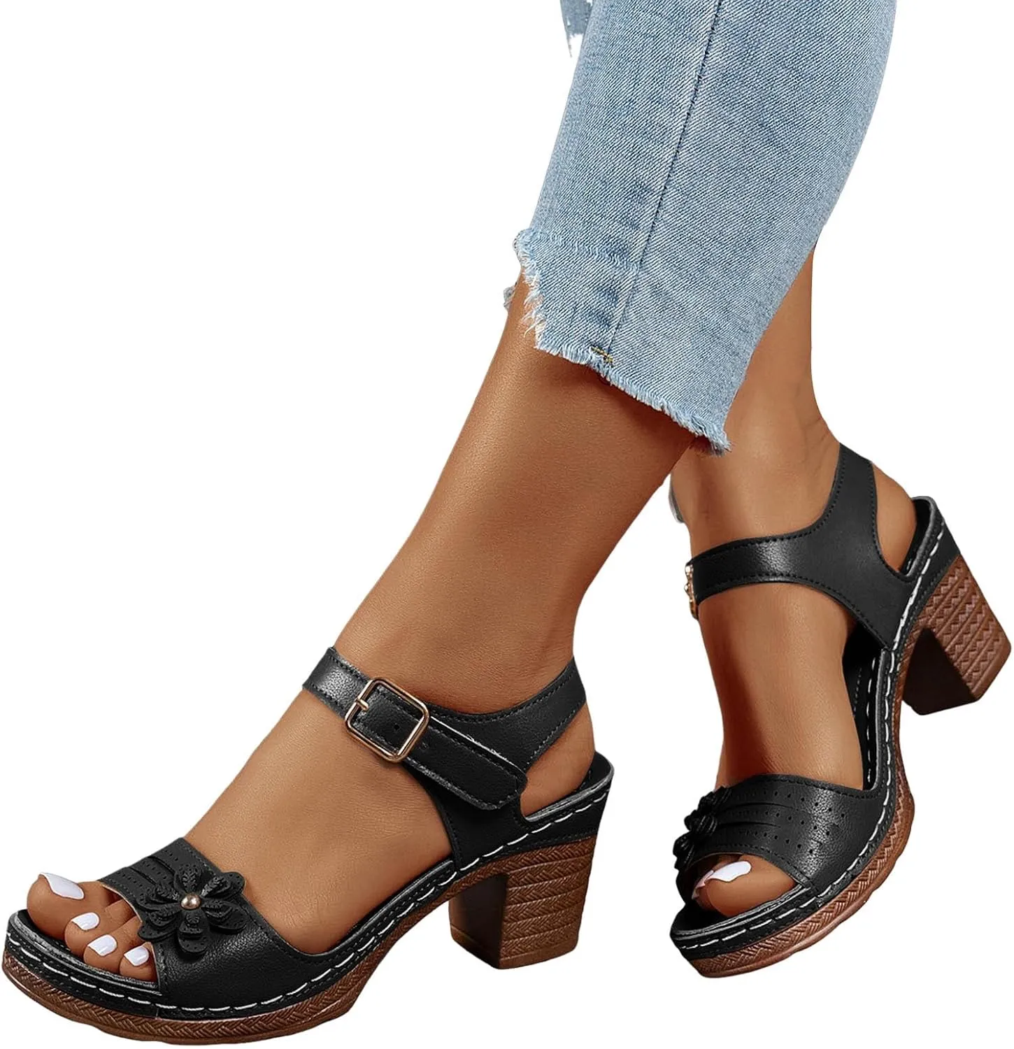 Chunky Heel Fish Mouth Women's Shoes Fashionable Casual Flower Hollow Outdoor Beach Sandals Women Hiking Wide