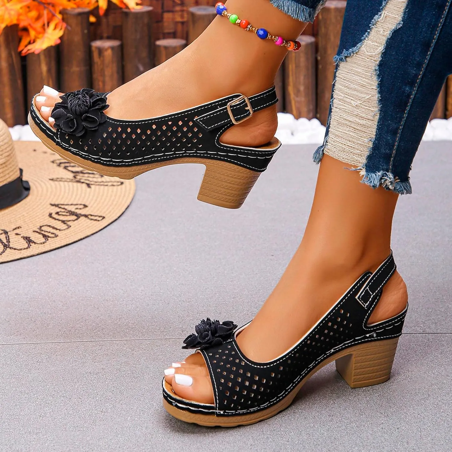 Chunky Heel Sandals For Women 2025 Orthopedic High Block Heels Fish Mouth Flowers Platform Wedge Sandals Ankle Strap Casual Hollow Out Shoes