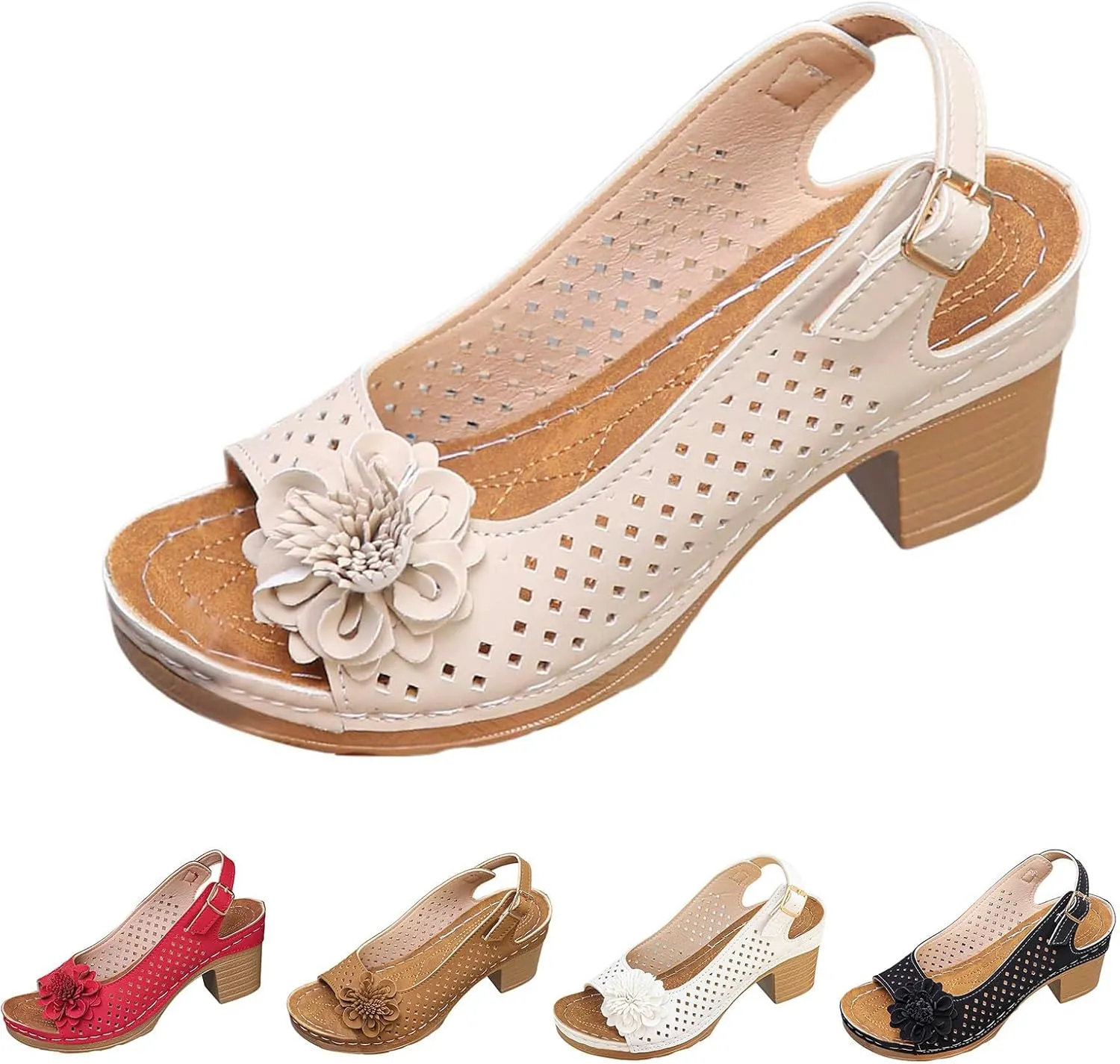 Chunky Heel Sandals For Women 2025 Orthopedic High Block Heels Fish Mouth Flowers Platform Wedge Sandals Ankle Strap Casual Hollow Out Shoes