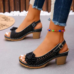 Chunky Heel Sandals For Women 2025 Orthopedic High Block Heels Fish Mouth Flowers Platform Wedge Sandals Ankle Strap Casual Hollow Out Shoes