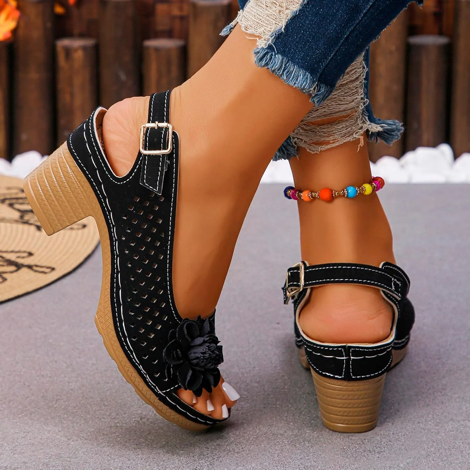 Chunky Heel Sandals For Women 2025 Orthopedic High Block Heels Fish Mouth Flowers Platform Wedge Sandals Ankle Strap Casual Hollow Out Shoes