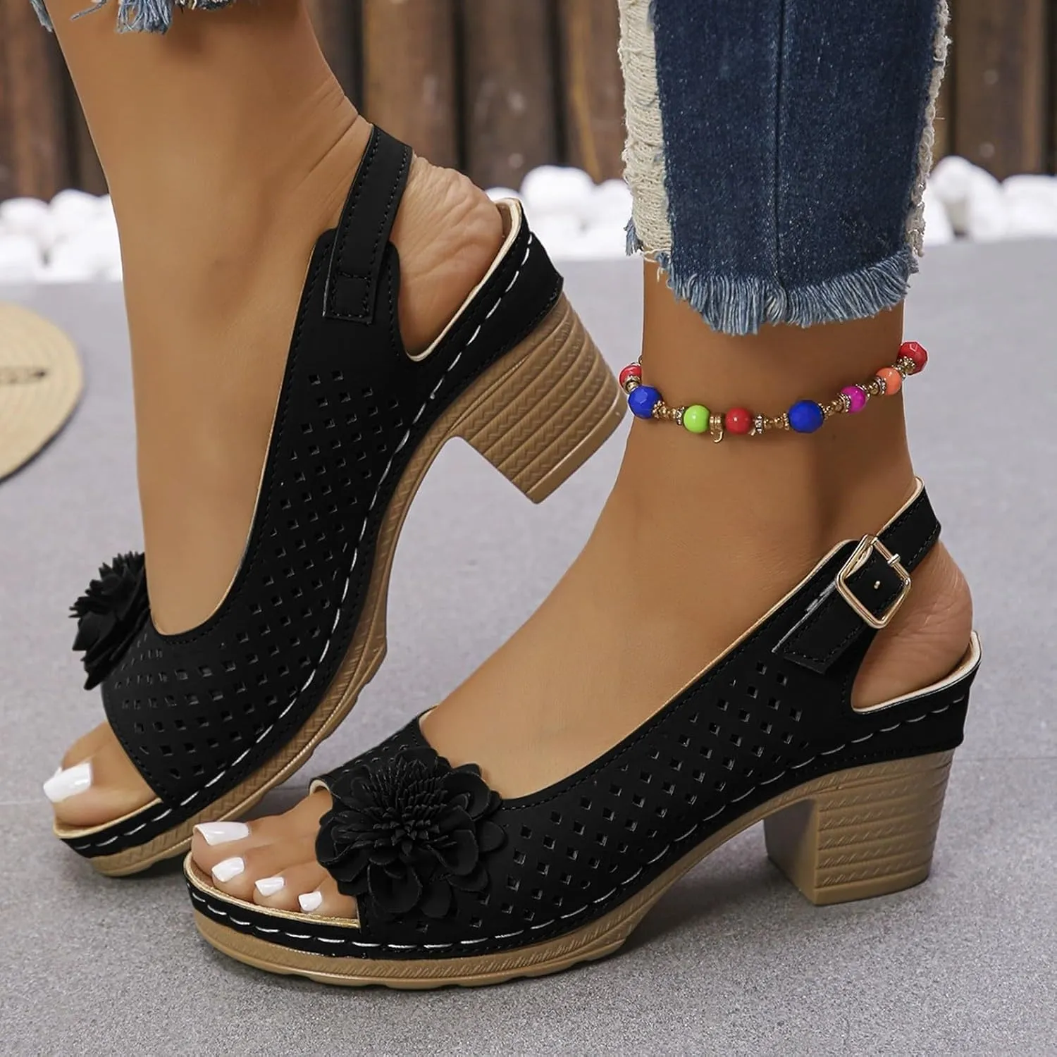 Chunky Heel Sandals For Women 2025 Orthopedic High Block Heels Fish Mouth Flowers Platform Wedge Sandals Ankle Strap Casual Hollow Out Shoes