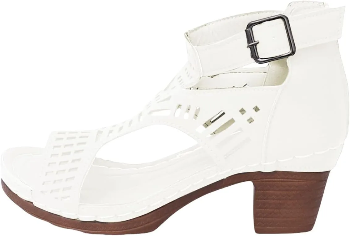 Chunky Heeled Sandals for Womens Bohemian Cutout Open Toe Ankle Strap Closed Back Summer Block Heeled Party Sandals Boots