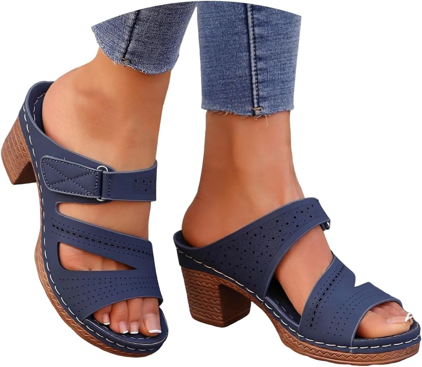 Chunky Platform Heeled Sandals 2025 Open Toe Slip On Block Womens Mid Heels Ankle Strap Sandal Slippers Casual Comfortable Summer Backless Mules Adjustable Slide Walking Shoes