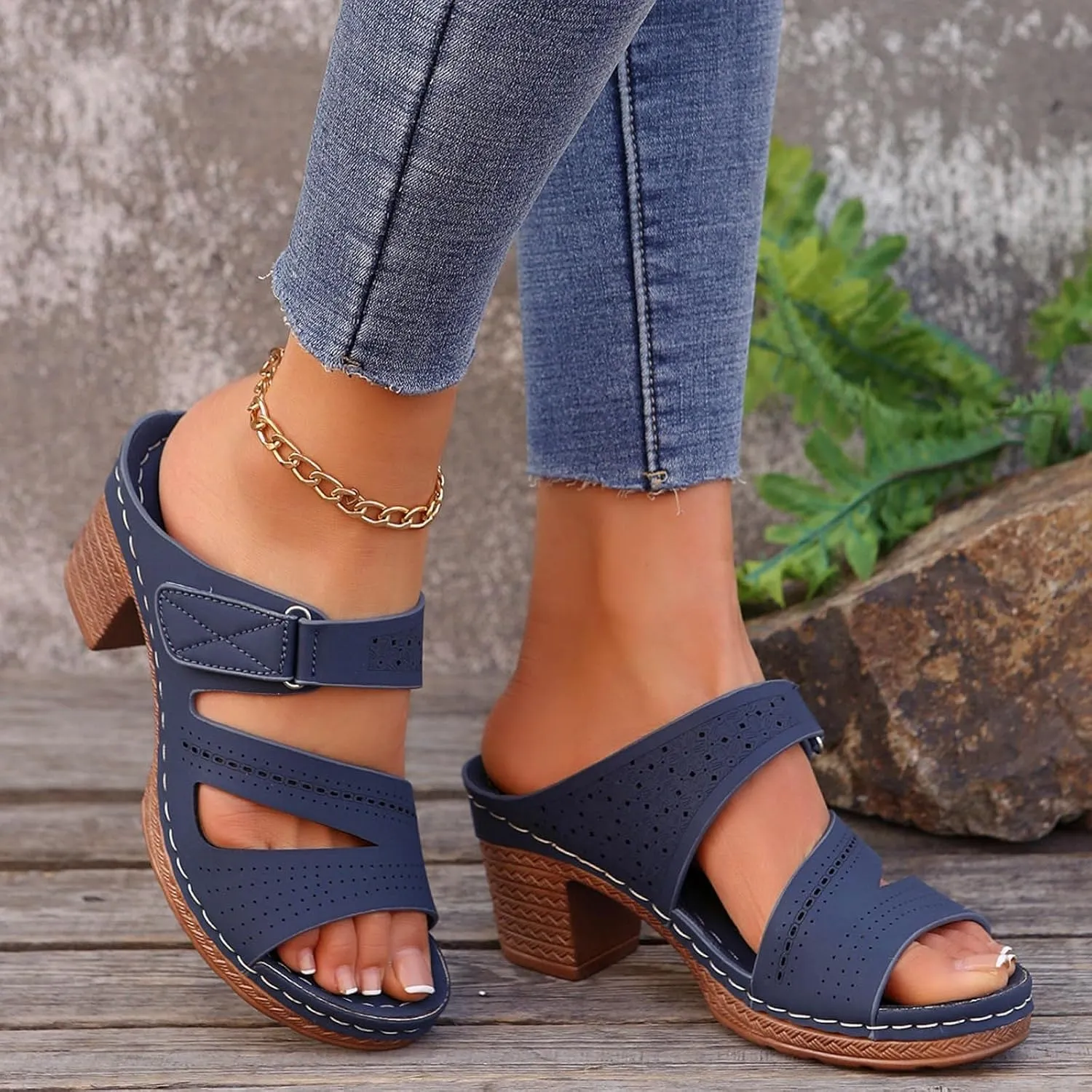 Chunky Platform Heeled Sandals 2025 Open Toe Slip On Block Womens Mid Heels Ankle Strap Sandal Slippers Casual Comfortable Summer Backless Mules Adjustable Slide Walking Shoes