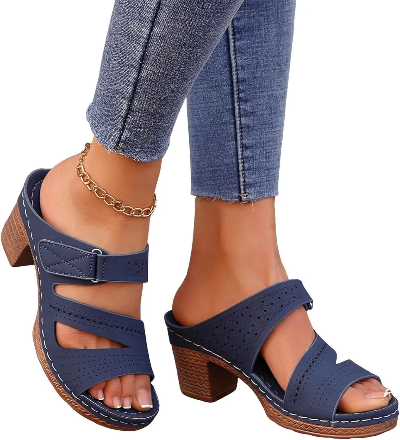 Chunky Platform Heeled Sandals 2025 Open Toe Slip On Block Womens Mid Heels Ankle Strap Sandal Slippers Casual Comfortable Summer Backless Mules Adjustable Slide Walking Shoes
