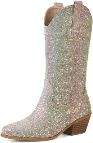 CIERWS Women's Embroidered Western Cowboy Boots Cowgirl Boots Knee High Medium Heel Chunky Heel Classic Retro Boots